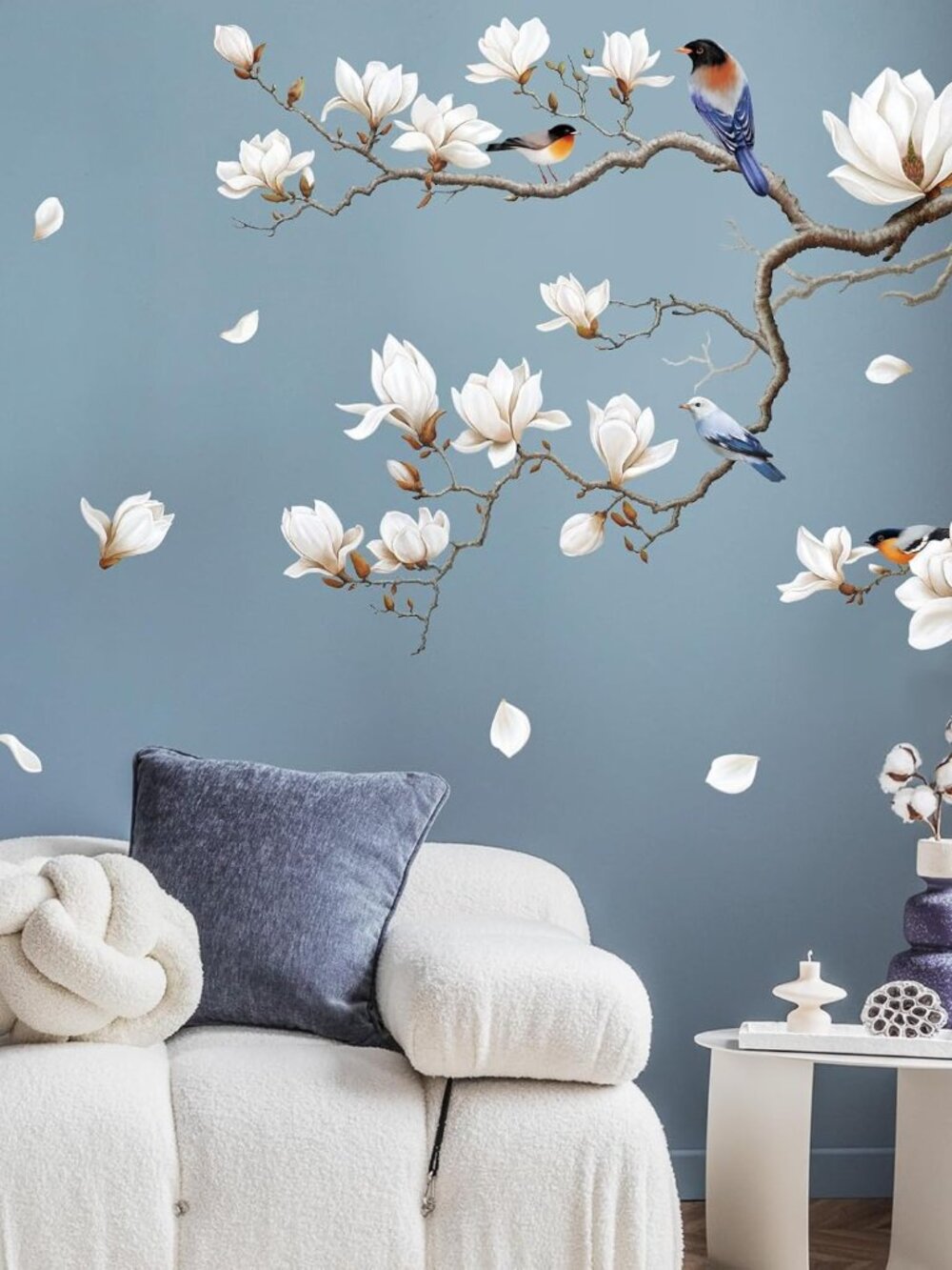 White Flower Wall Decal, Magnolia Branch Sticker for Living Room